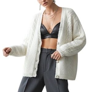 Minimalist old money ivory white boxy oversized fuzzy grandma cardigan sweater